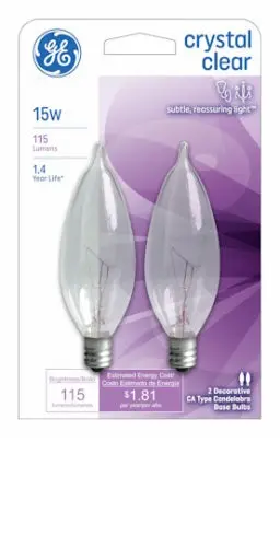 Ge 48396 2 Pack Crystal Clear Bent Tip 15 Watt Decorative Candelabra Incandescent Light Bulbs 1